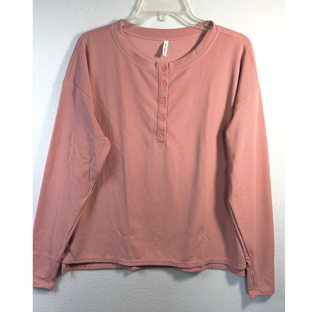 Halara Henley Top Women XL Pink Excellent Ribbed Long Sleeve Thumbhole Active